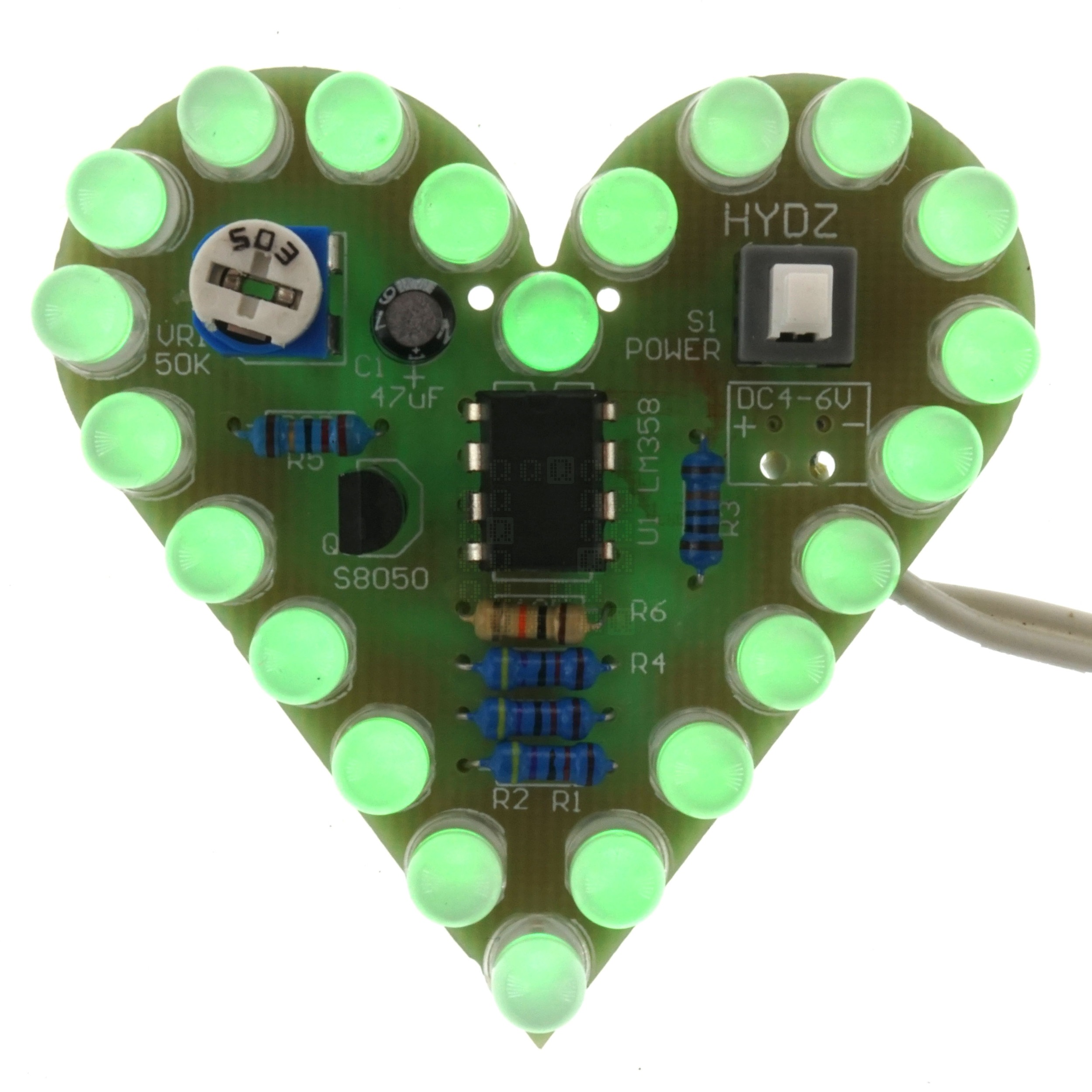 Green LED Breathing Heart DIY Thru Hole Soldering Practice Kit 4-6VDC
