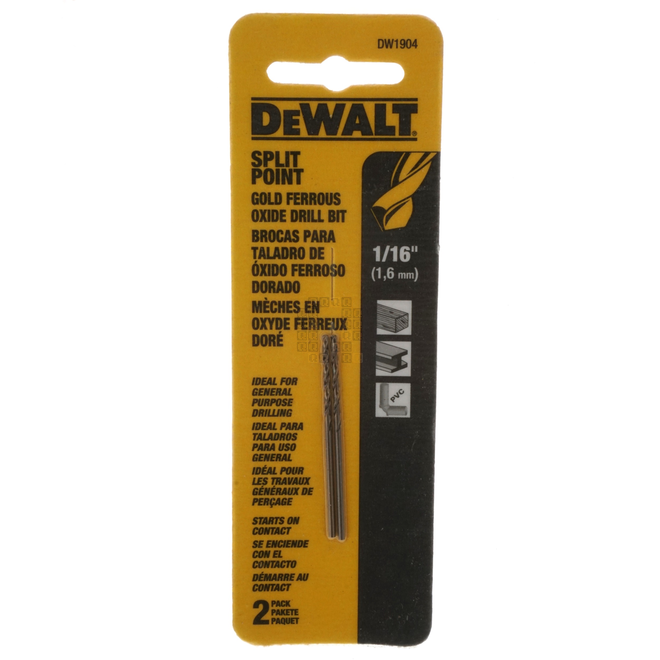 DeWALT DW1904 1/16" Split Point Gold Ferrous Oxide Drill Bit, 2-Pack