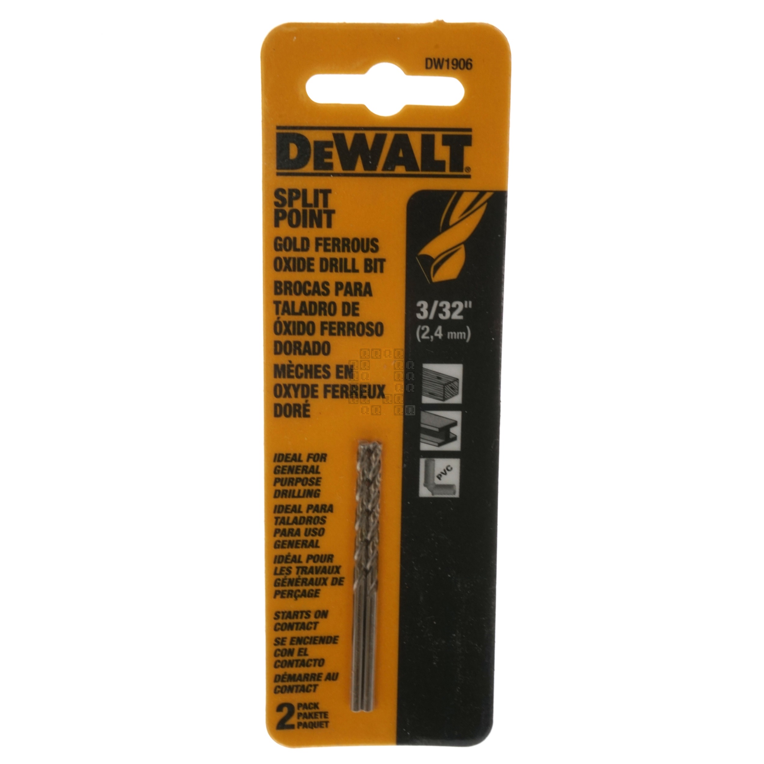 DeWALT DW1906 3/32" Split Point Gold Ferrous Oxide Drill Bit, 2-Pack