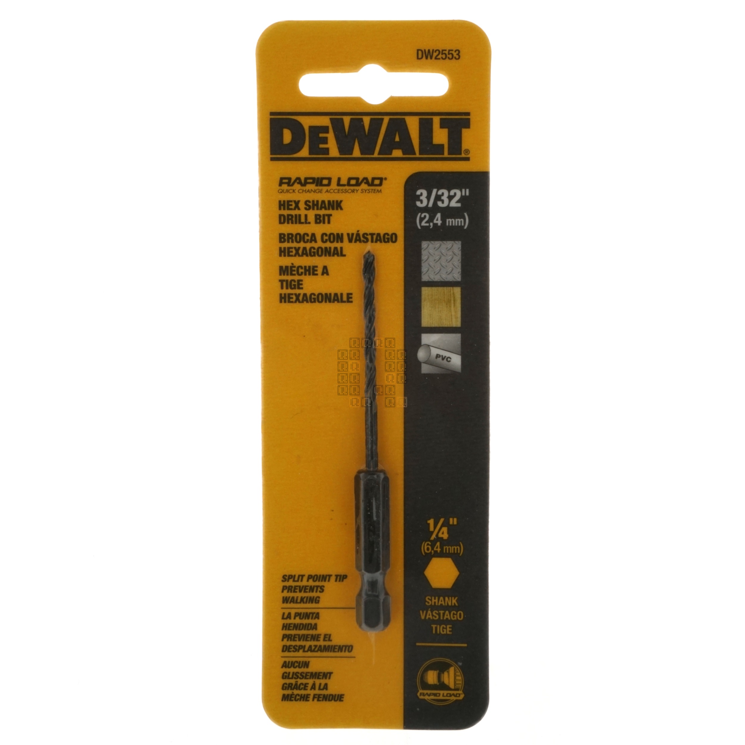 DeWalt DW2553 3/32" (2.4mm) Rapid Load 1/4" Hex Shank Drill Bit, Split Point Tip
