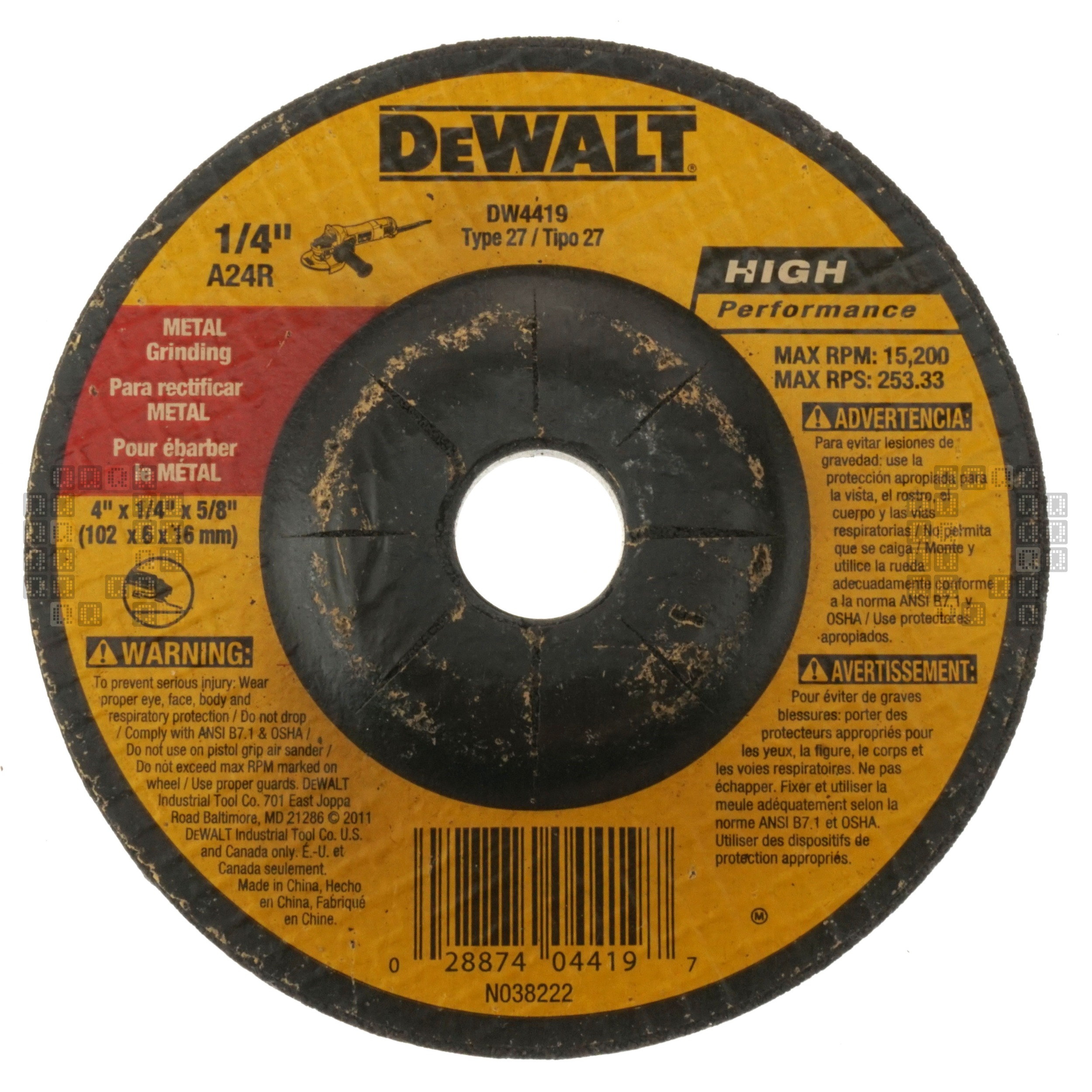 DeWALT DW4419 4" Diameter Aluminum Oxide Abrasive Metal Grinding Wheel, 1/4" Thick