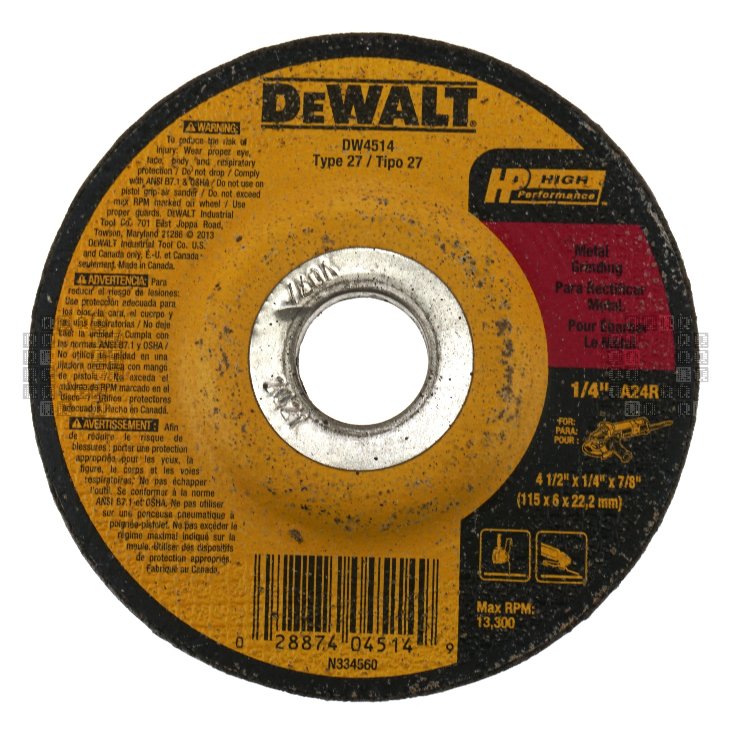 DeWALT DW4514 4-1/2" Type 27 Diameter Aluminum Oxide Abrasive Grinding Wheel, 1/4" Thickness