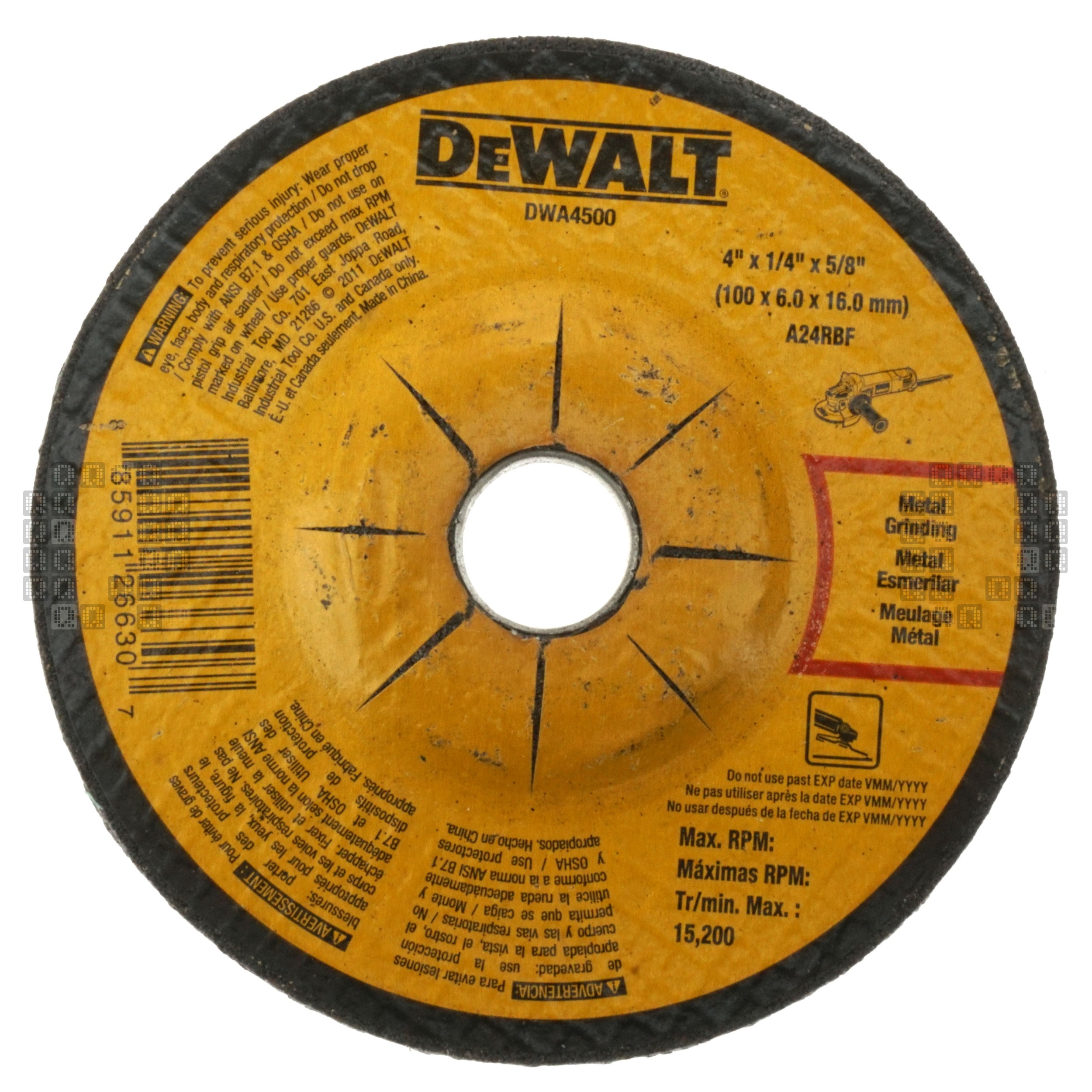 DeWALT DWA4500 4" Diameter Aluminum Oxide Abrasive Grinding Wheel, 1/4" Thick