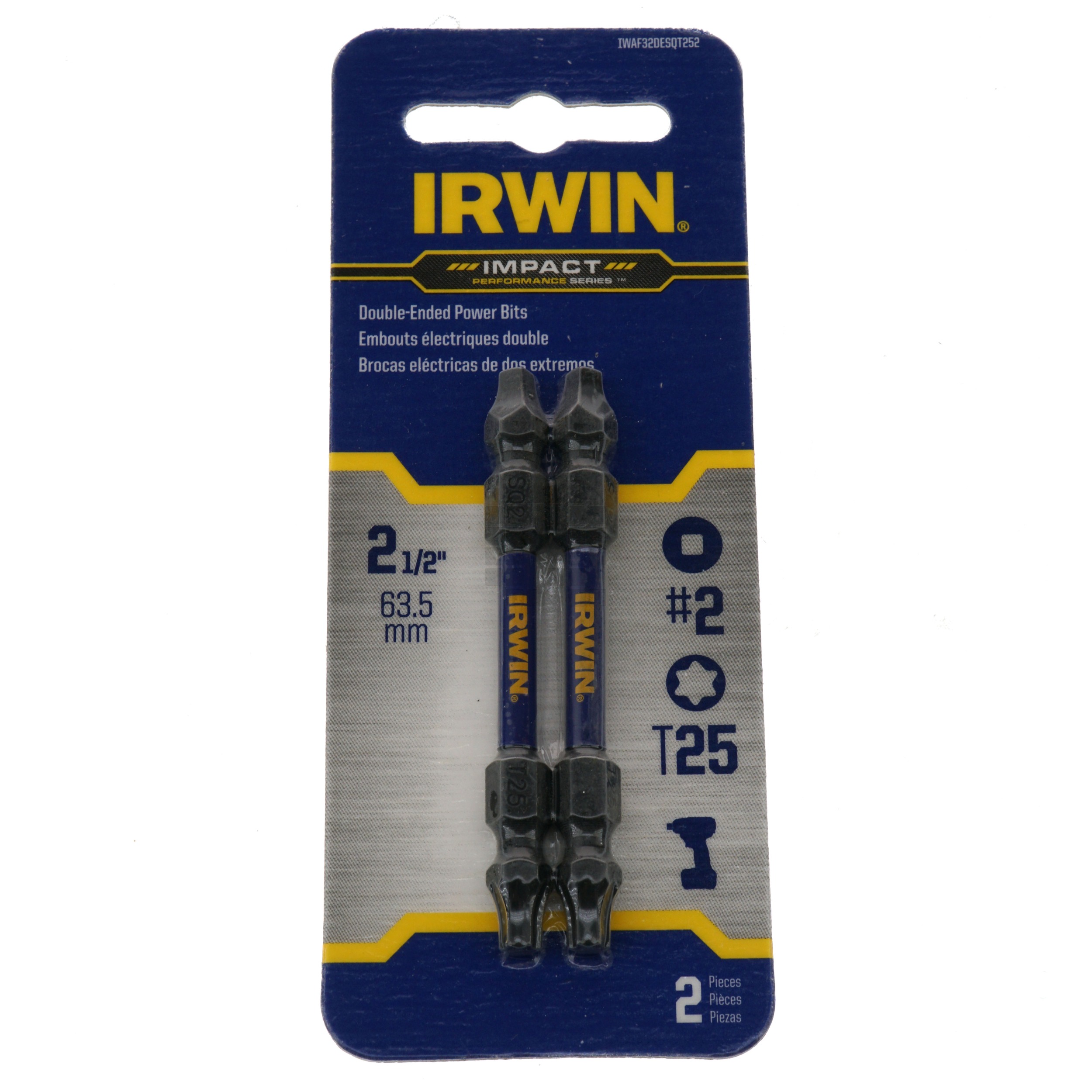 Irwin IWAF32DESQT252 Double-Ended Impact Power Bits, #2 Square and T25 Torx, 2.5" Length