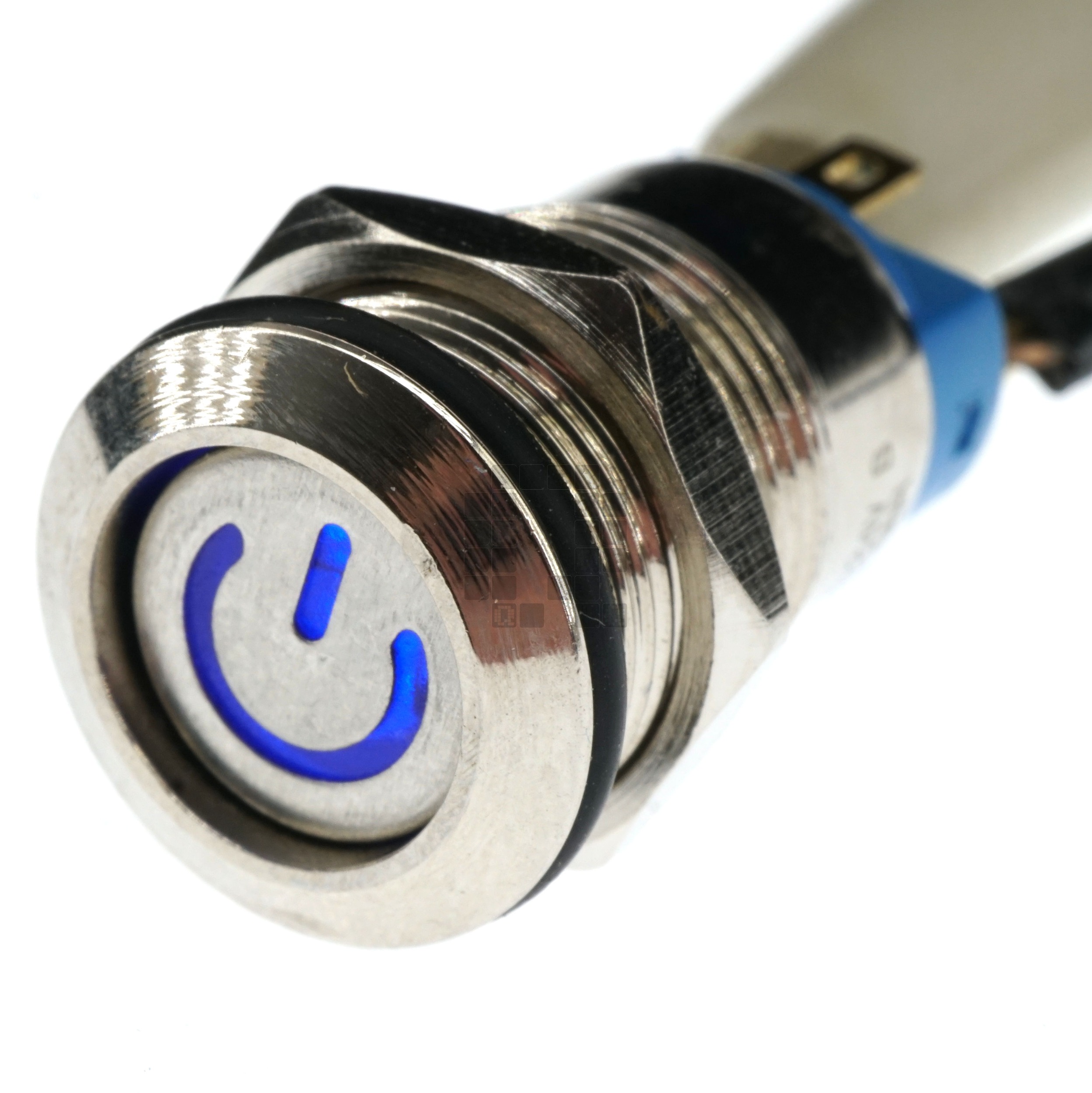 12mm Threaded Metal Pushbutton, Maintained/Locking, Blue LED, 12-24VDC, Lighted Power Symbol, IP65, SPST