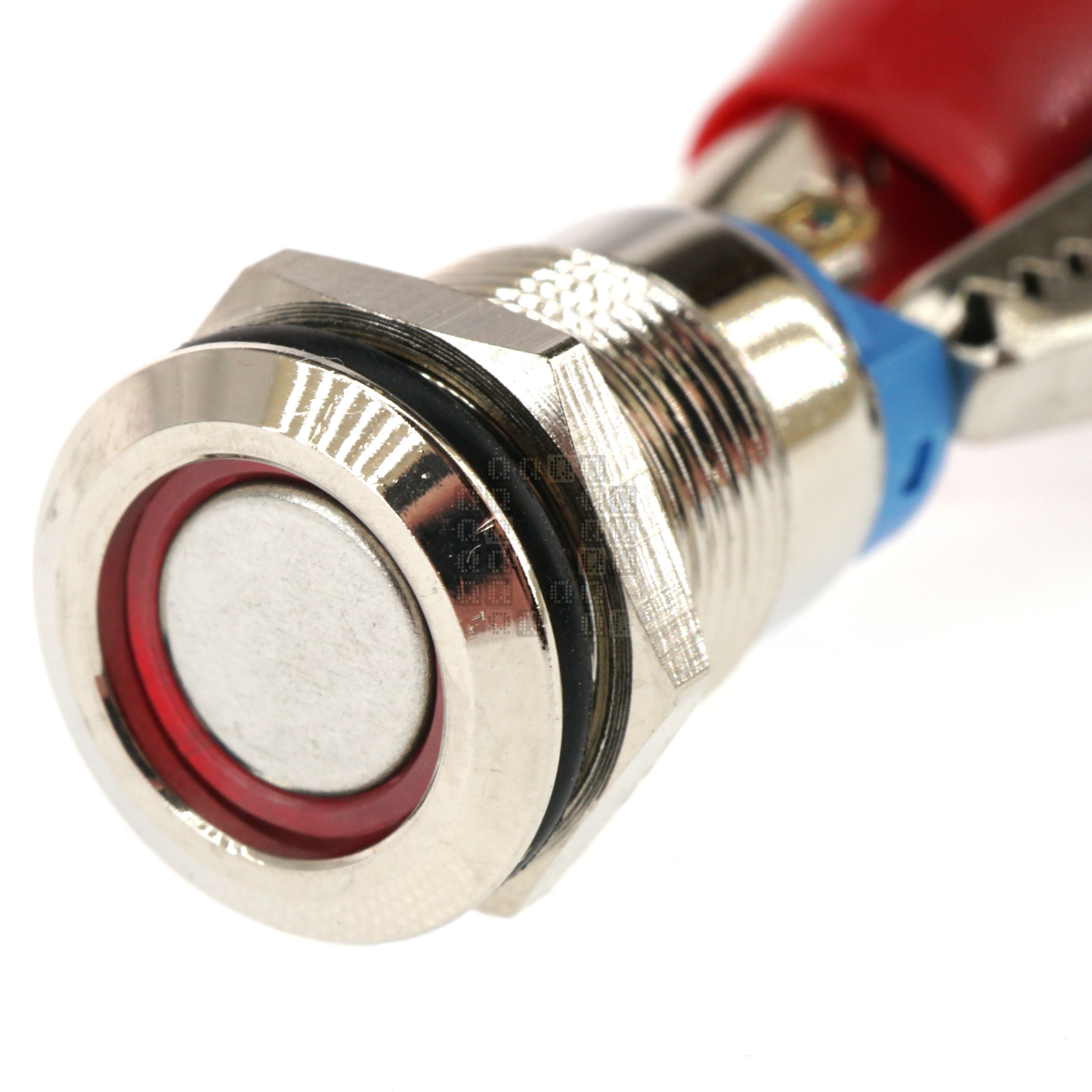 12mm Threaded Metal Pushbutton, Maintained, Red LED, 12-24VDC, IP65, SPST, Lighted Ring/Circle