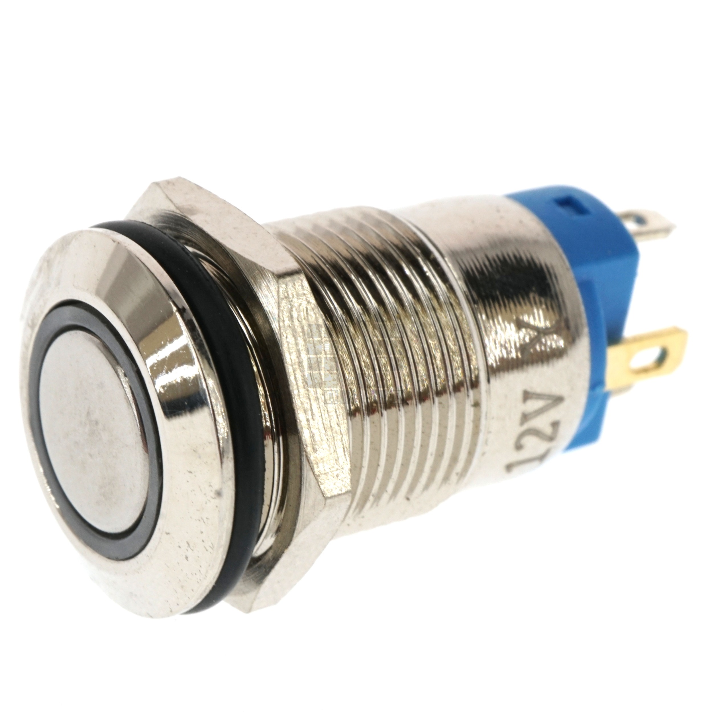 12mm Threaded Metal Pushbutton, Locking, Yellow LED, 12-24VDC, Lighted Ring/Circle, IP65, SPST