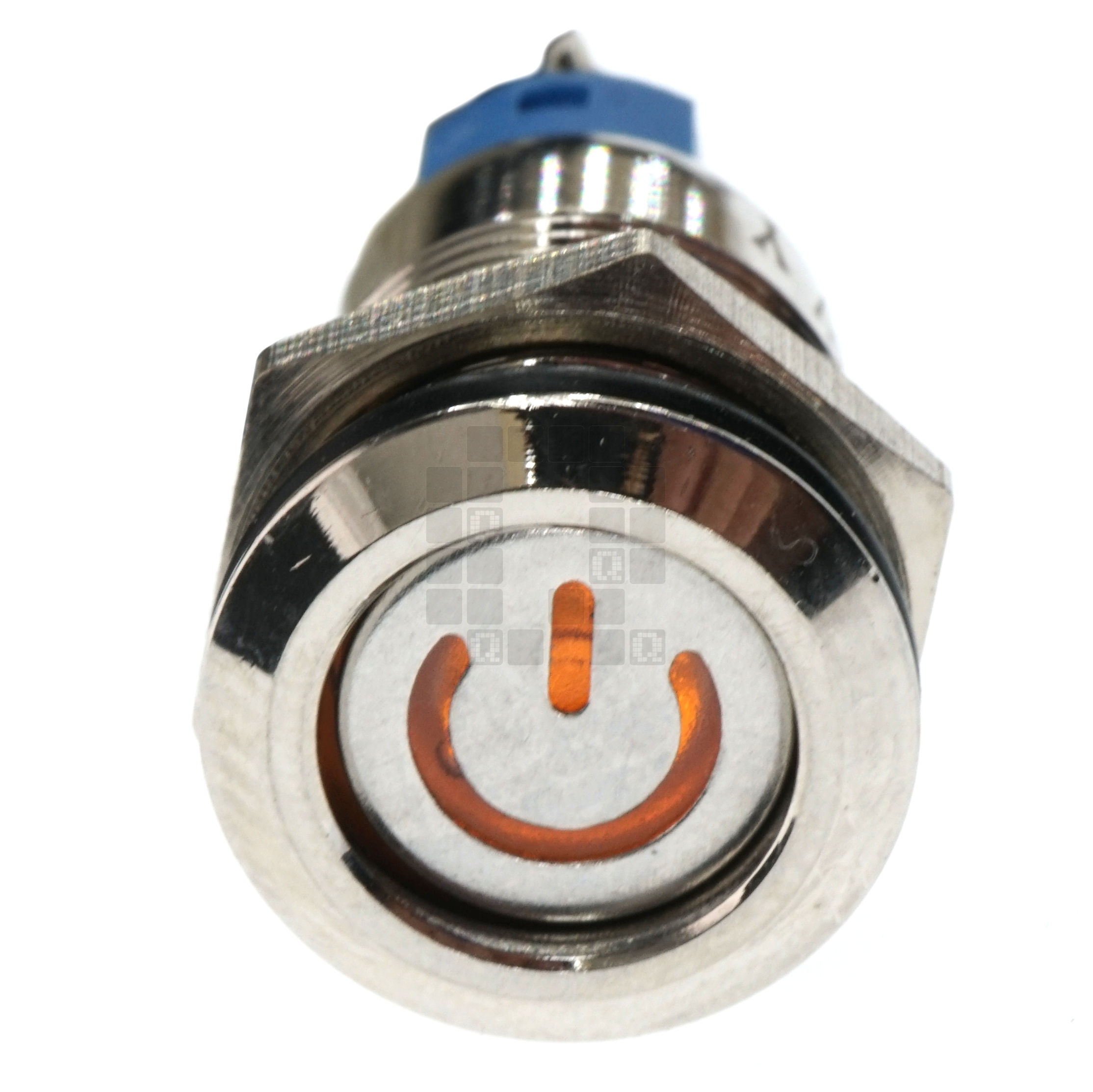 12mm Threaded Metal Pushbutton, Maintained/Locking, Yellow LED, 12-24VDC, Lighted Power Symbol, IP65, SPST