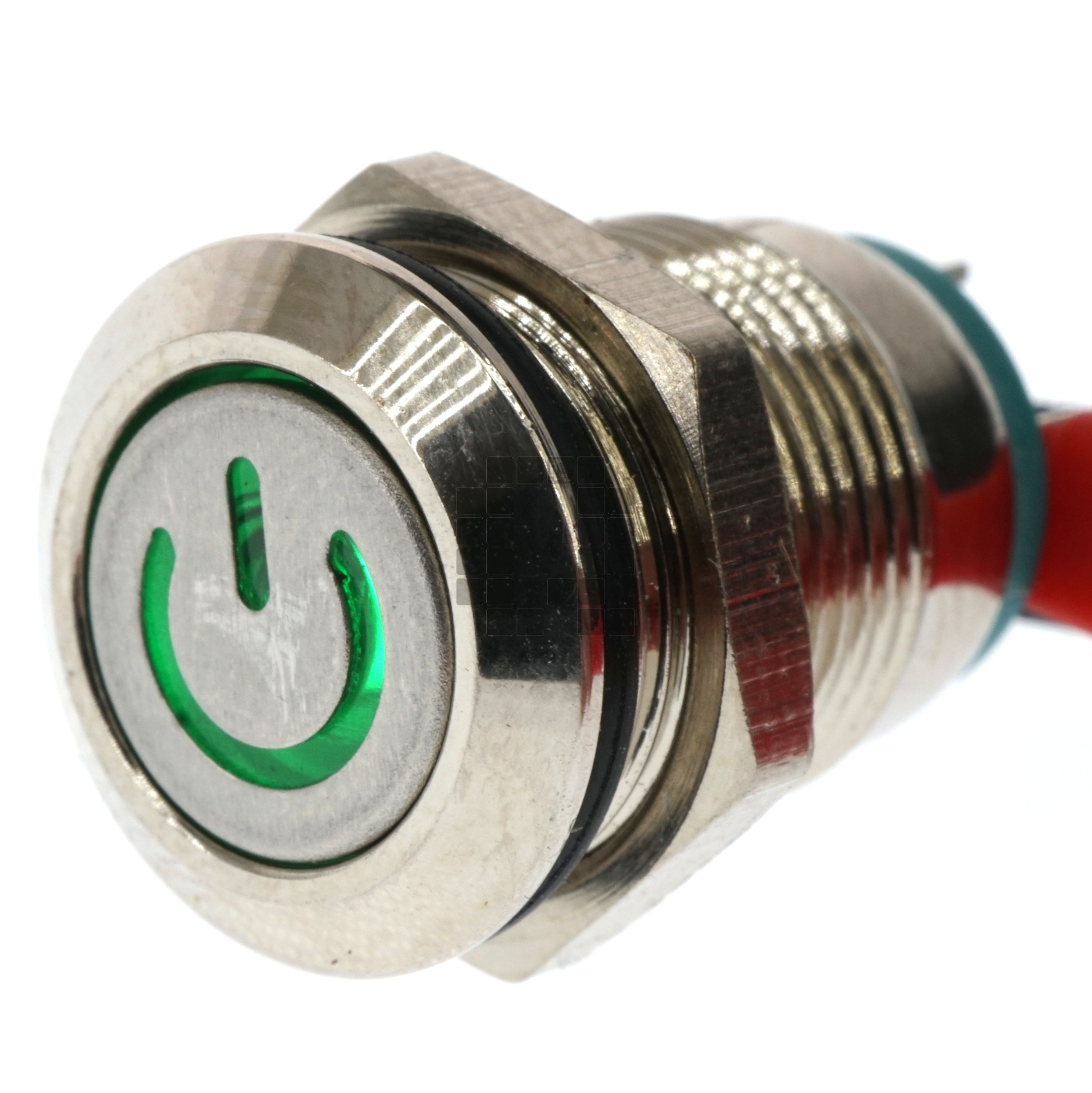 12mm Threaded Metal Pushbutton Momentary Green LED, 12-24VDC, IP65, SPST, Power Symbol