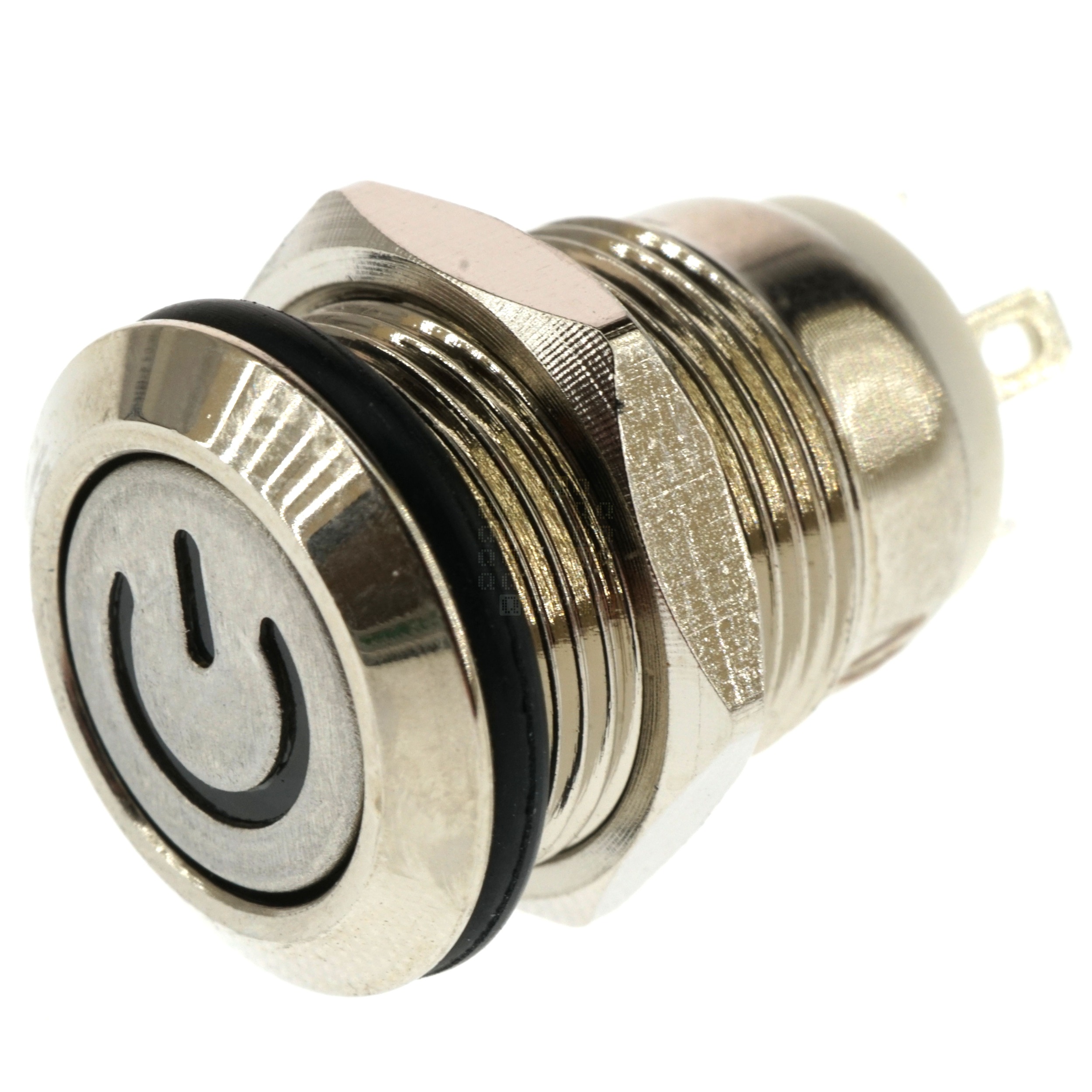 12mm Threaded Metal Pushbutton, Momentary, White LED, 12-24VDC, IP65, SPST, Power Symbol