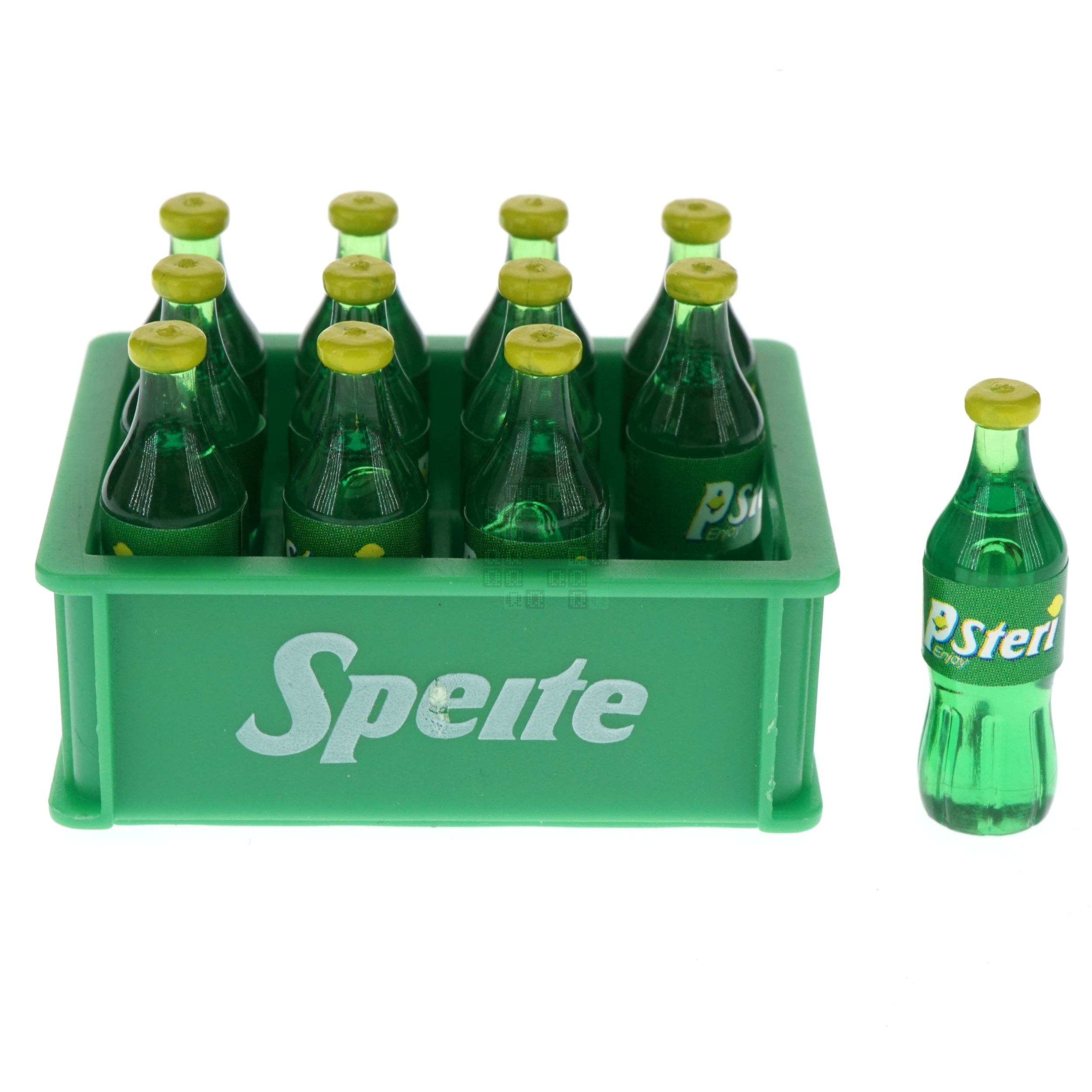 1:12 Scale, 12 Miniature Speite/Psteri 'Glass' Bottles in Plastic Carrying Case
