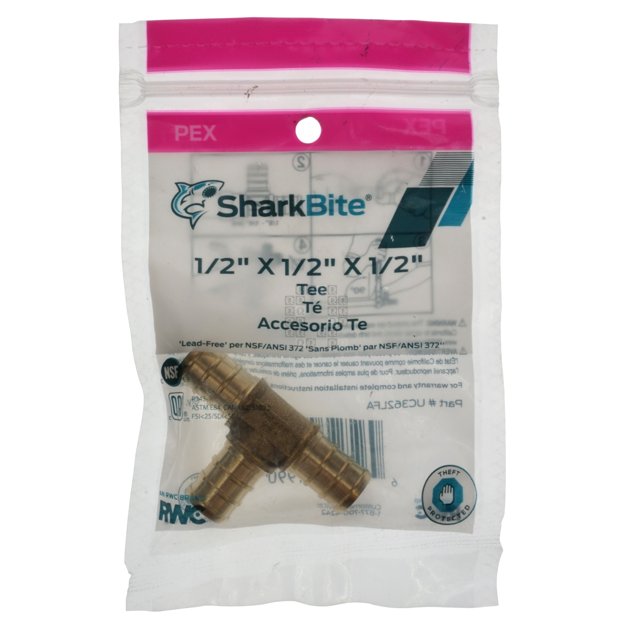 SharkBite UC362LFA 1/2" x 1/2" x 1/2" PEX Hose Barb Tee Fitting, Lead Free Brass