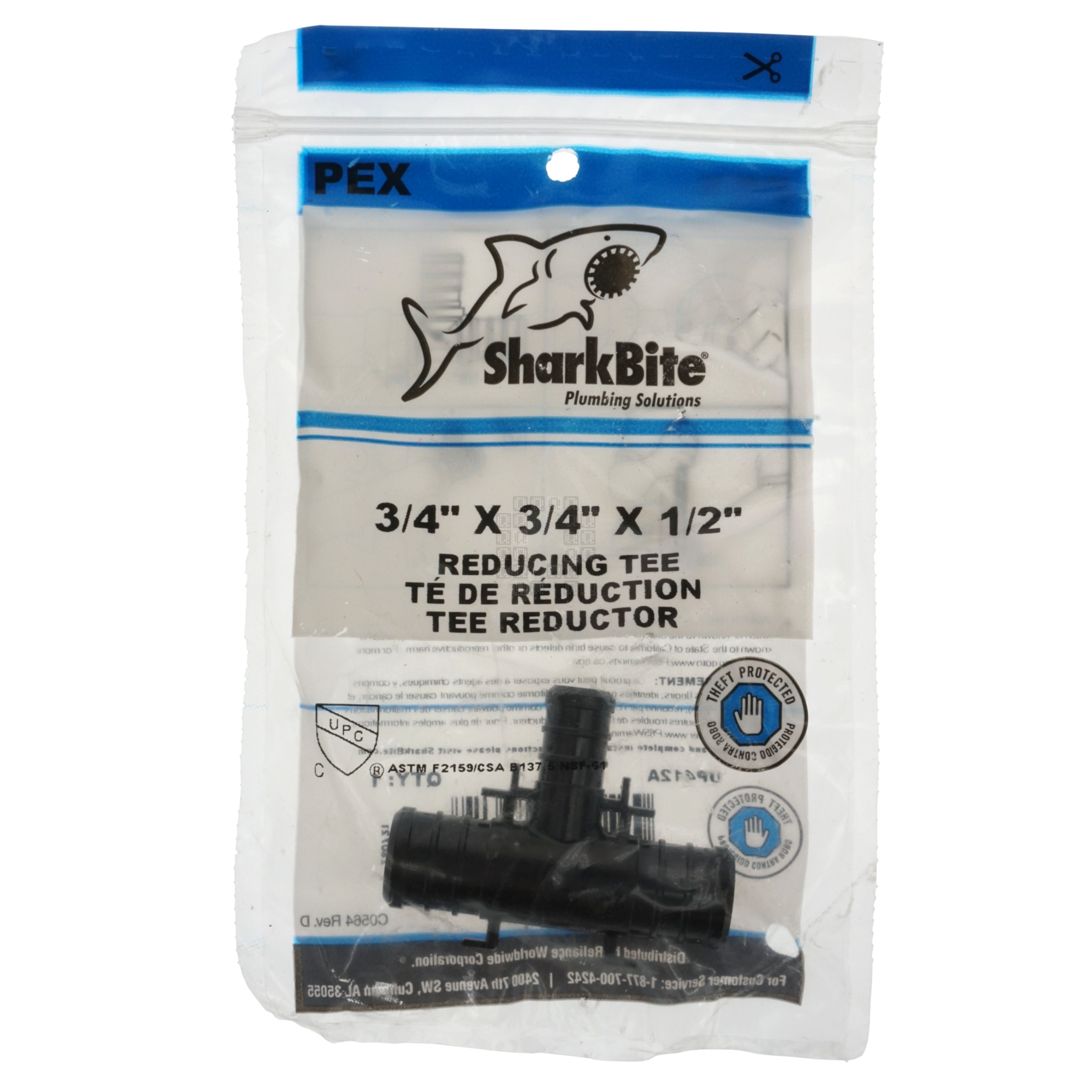 SharkBite UP412A 3/4" x 3/4" x 1/2" PEX Hose Barb Reducing Tee, Black